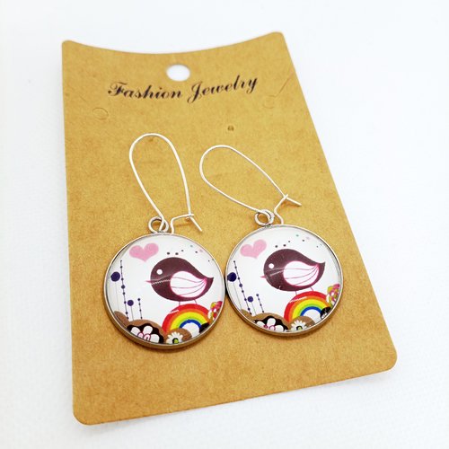 Boucles d’oreilles en acier inoxydable argenté avec cabochons en verre *mon bel oiseau*