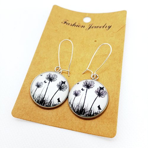 Boucles d’oreilles en acier inoxydable argenté avec cabochons en verre *dandelions*