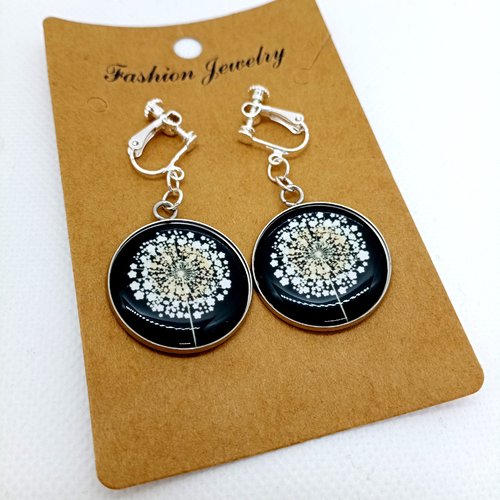 Clips d’oreilles en acier inoxydable argenté avec cabochons en résine * fleurs dandelions *