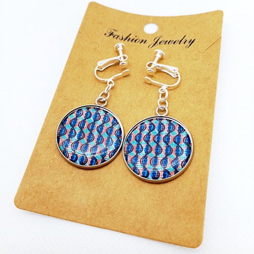 Clips d’oreilles en acier inoxydable argenté avec cabochons en résine * motifs *
