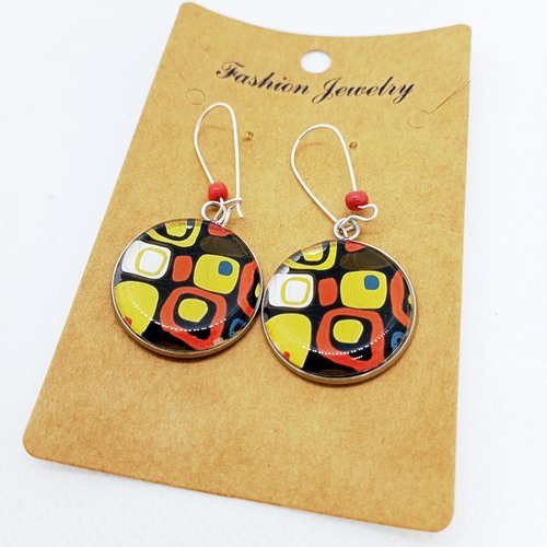 Boucles d’oreilles argentées avec cabochons en verre * motifs géométriques *