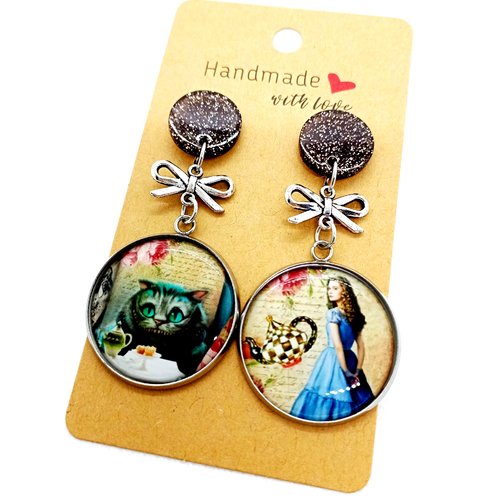 Boucles d’oreilles argentées "alice et son chat"