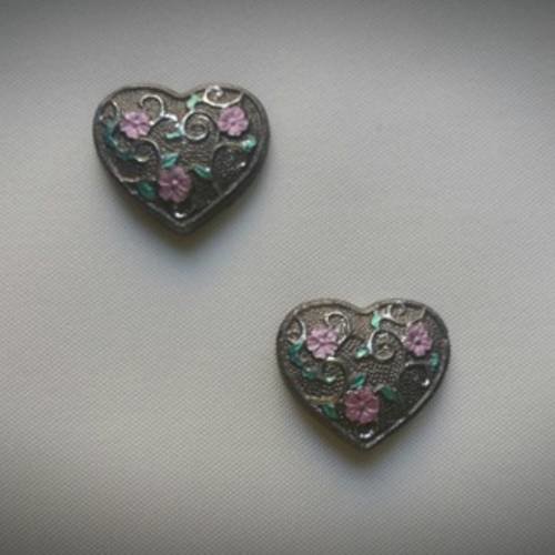 Lot de 2 magnets aimants coeur volutes bronze ou argent 