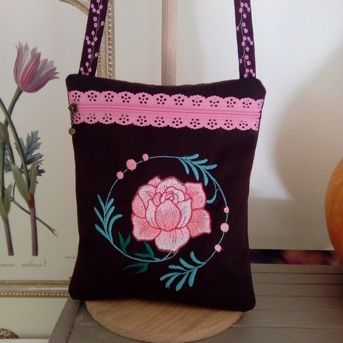 Pochette de voyage bandoulière, toile polyesther marron, fermeture éclair