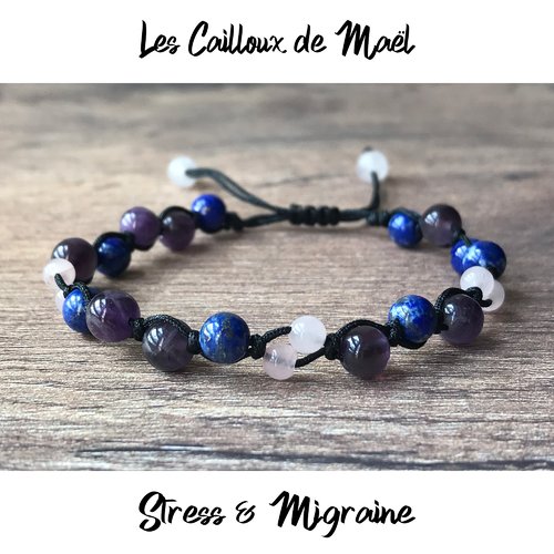 Bracelet anti stress et migraines en pierres naturelles de lapis lazuli amethyste et quartz rose