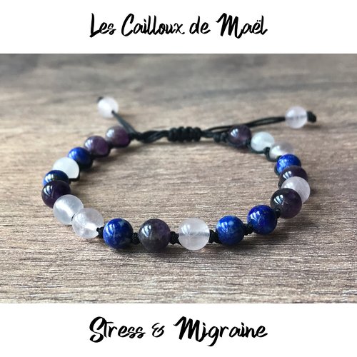 Bracelet anti stress et migraines en pierres naturelles d'amethyste quartz rose et lapis lazuli