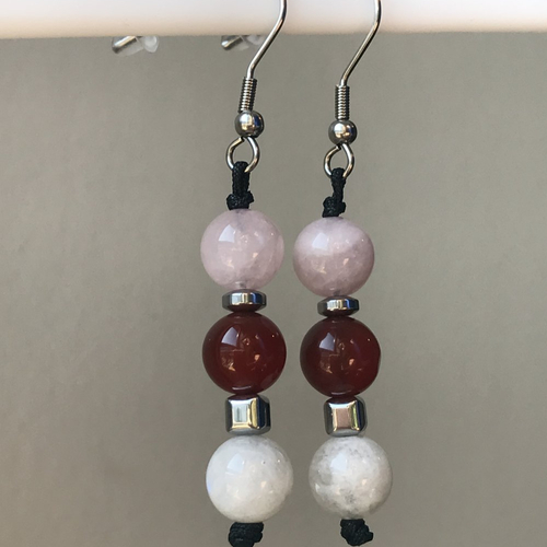 Boucles d'oreilles pierre de lune, quartz rose et cornaline
