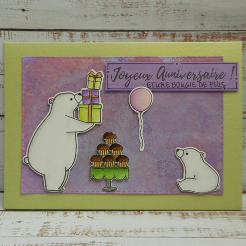 Déstockage carte anniversaire ours polaires vert et violet enfant fait main