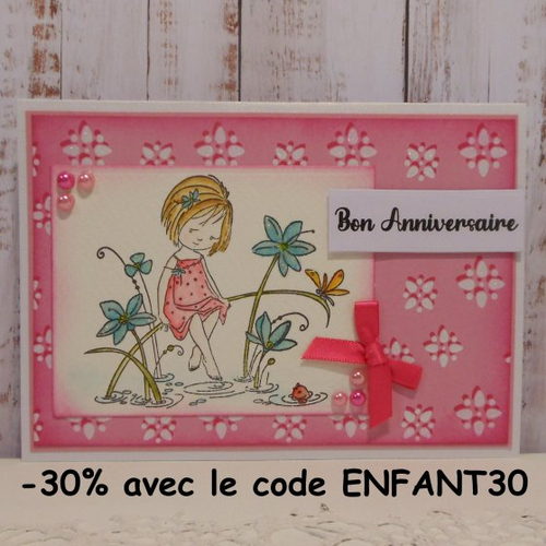 Carte anniversaire fillette tons roses fait main