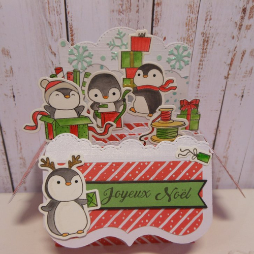 Carte de noël pop up la boîte 3d aux pingouins cadeau vert joyeux noël fait main