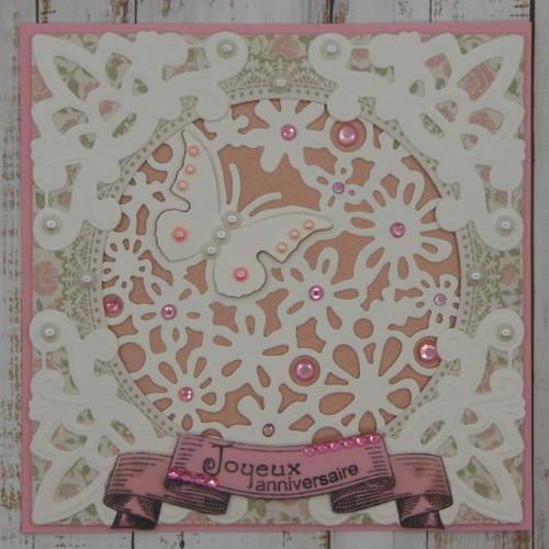 Carte anniversaire papillon perles et strass blanc rose fait main