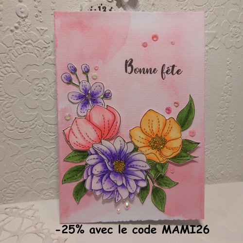 Carte bonne fête fleurs multicolores violet maman fête des mères grand-mère mamie mamy fait main