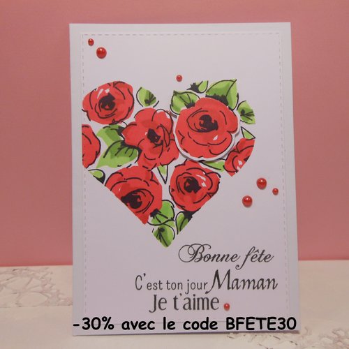 Carte bonne fête des mères maman coeur de roses rouges fait main