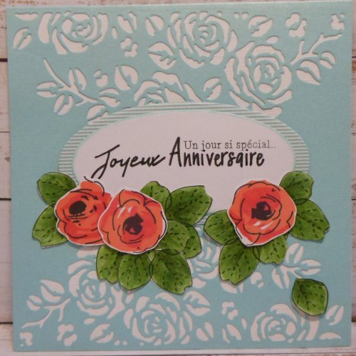 Déstockage carte anniversaire bleue ajouré fleurs blanches roses rouge orangé fait main