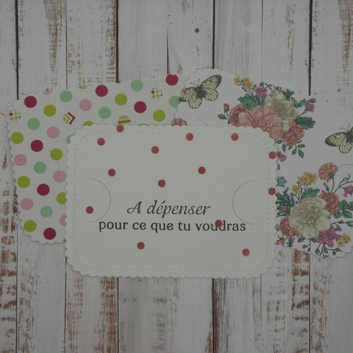 Option carte : insert complément support carte cadeau, chèque ou billet blanc multicolore