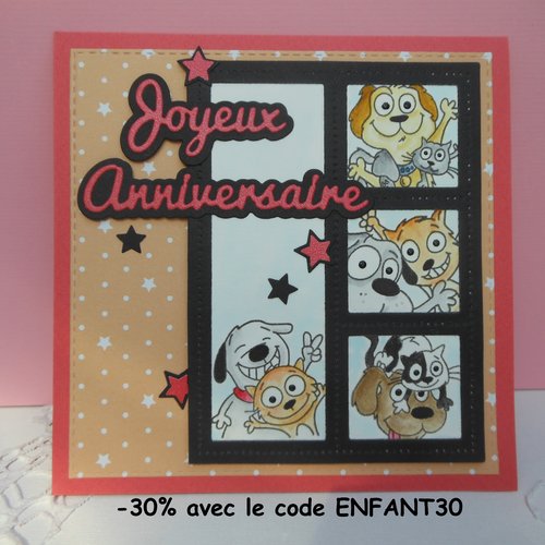 Carte anniversaire selfies chien chat rouge enfant garçon fille fait main