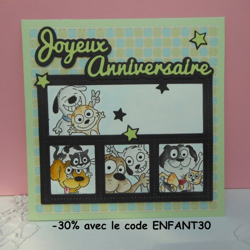 Carte anniversaire selfies chien chat vert enfant garçon fille fait main