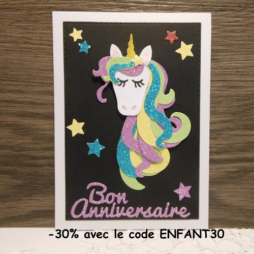 Carte anniversaire licorne crinière paillettes et mauve fait main