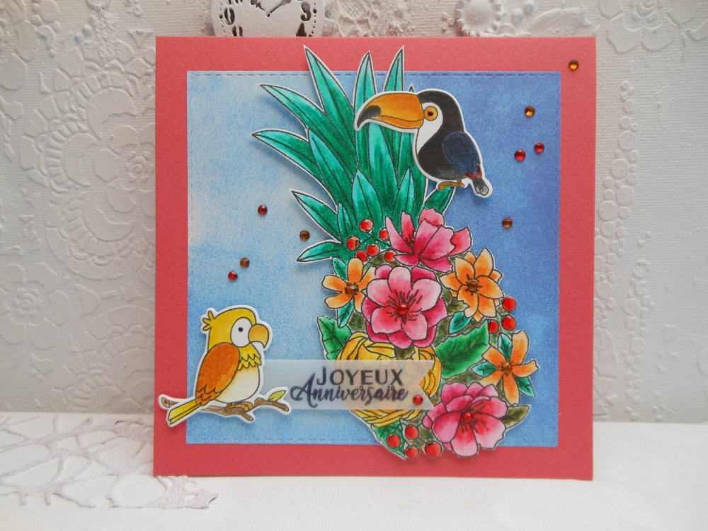 Carte Anniversaire Ananas Perroquet Oiseau Fleuri Rouge Orange Un Grand Marche