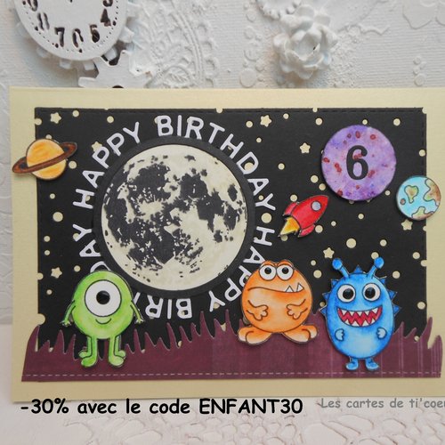 Carte anniversaire 6 ans gentils montres de l'espace enfant garçon fait main