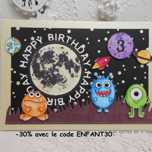 Carte anniversaire 3 ans gentils montres de l'espace enfant garçon fait main