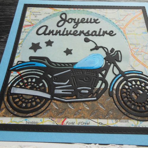 Carte anniversaire  moto  roadster bleu homme ou femme 15 x 