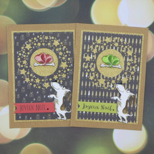 Déstockage carte de voeux chien et os vert ou rouge joyeux noël fait main