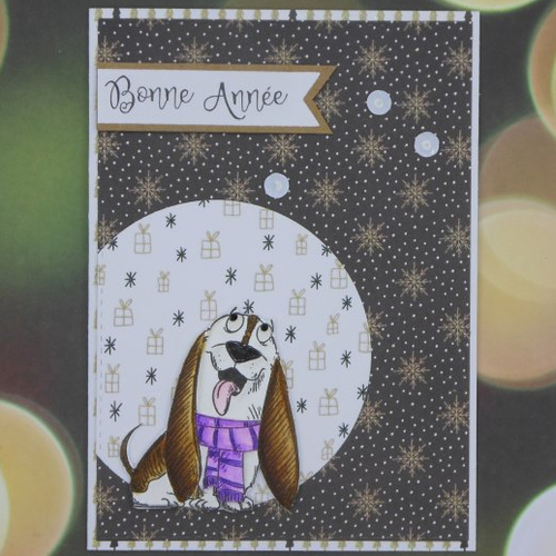 Déstockage carte de voeux chien basset noir et blanc bonne année fait main