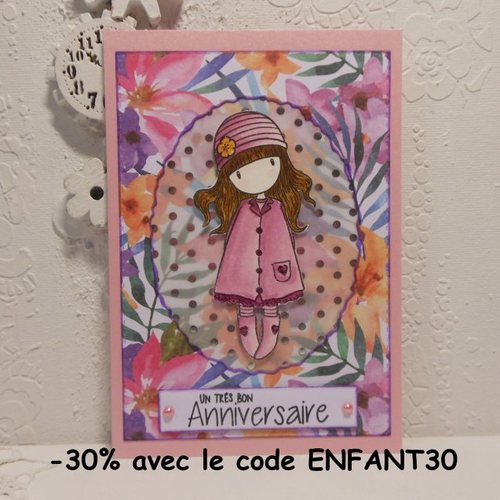 Carte anniversaire fleurs violet et rose fille enfant fait main