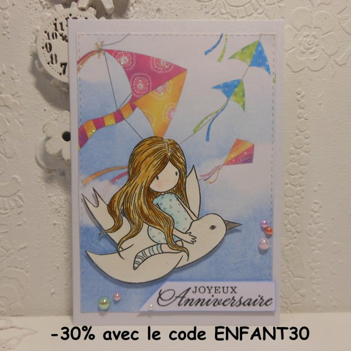 Carte anniversaire fille et oiseau enfant fait main