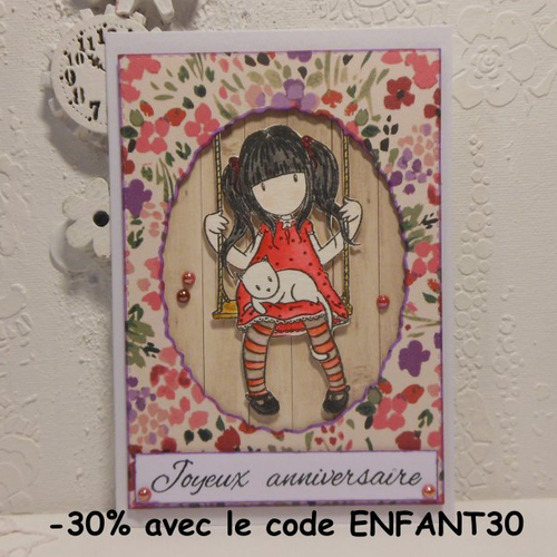 Carte anniversaire fille balançoire liberty rouge et beige enfant fait main