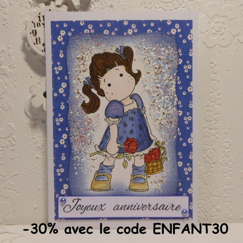 Carte anniversaire fille au panier de fleurs bleu enfant fait main