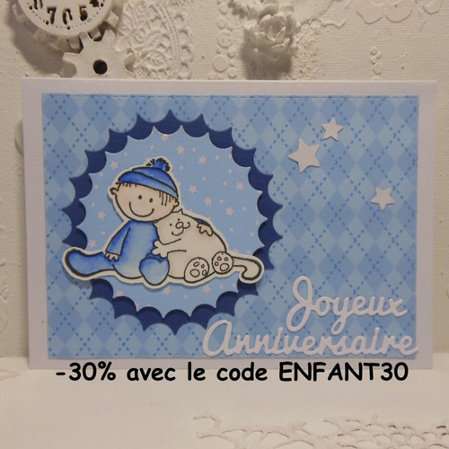 Carte anniversaire enfant garçon câlin blanc bleu fait main
