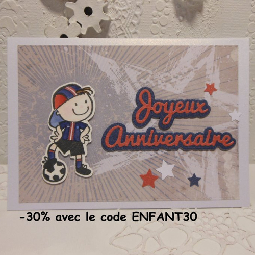 Carte anniversaire sport enfant garçon petit joueur de foot couleurs psg (1/3) fait main