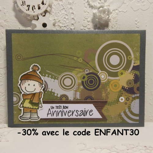 Carte anniversaire enfant petit garçon emmitouflé vert fait main