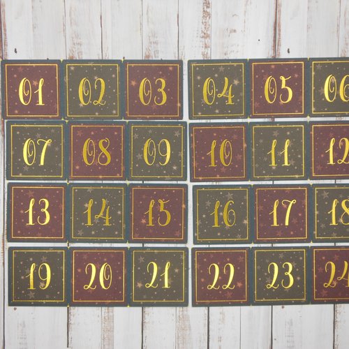 Etiquettes numérotées pour calendrier de l'avent, scrapbooking, project life, tons bordeaux et marron chiffres foil or