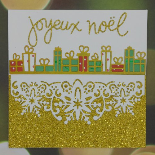 Carte de voeux joyeux noël cadeaux et flocons or jaune fait main