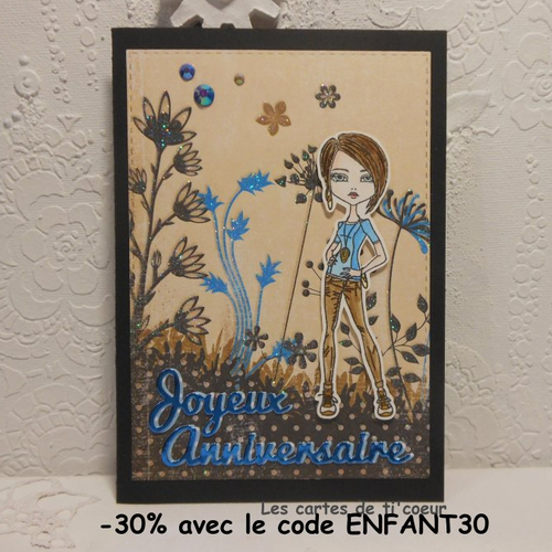 Carte anniversaire jeune fille fleurs bleues et noires fait main
