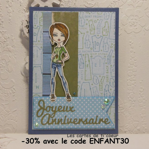 Carte anniversaire jeune fille couture bleu vert fait main