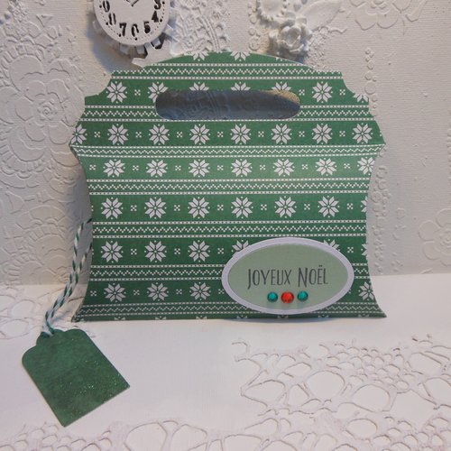 Déstockage boite petit cadeau coussin (pillow box) avec poignée - vert joyeux noël fait main