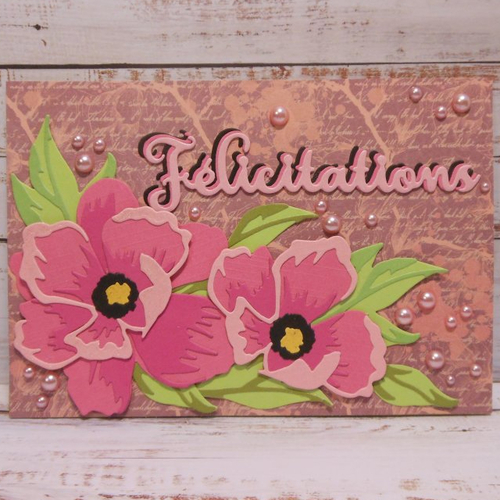 Carte félicitations mariage grosses fleurs rose fuchsia fait main