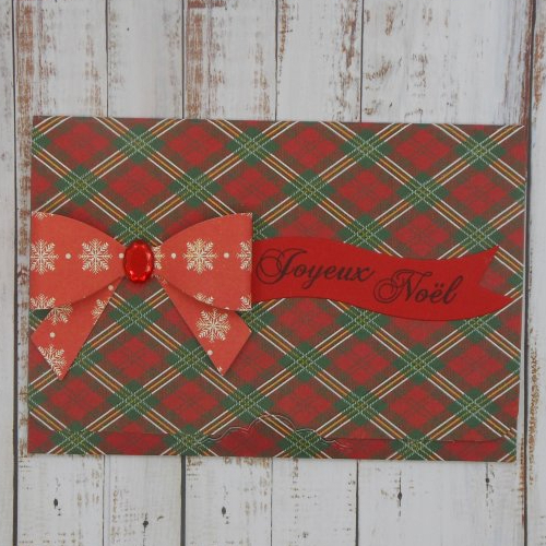 Pochette de noël pour carte cadeau chèque ou billet noeud rouge écossais fait main format carte postale