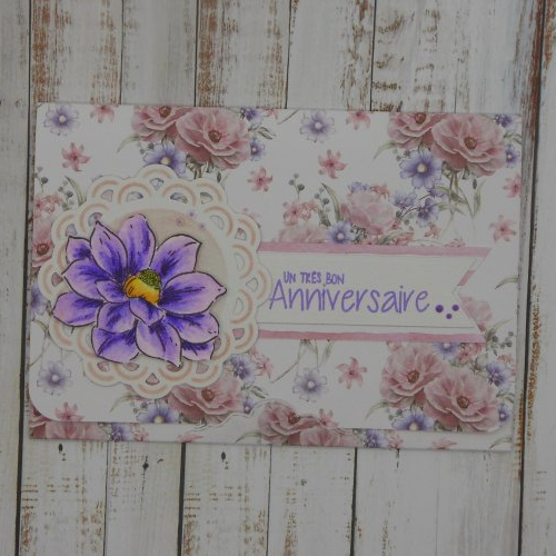 Pochette d' anniversaire pour carte cadeau  chèque fleur violet rose fait main format carte postale