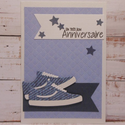 Déstockage carte anniversaire masculine homme chaussures jean's toile bleue fait main