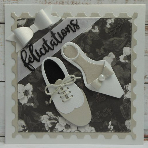 Carte félicitations mariage paire de chaussures blanc gris fleuri fait main
