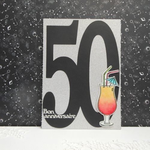 Carte xl 21 x 14,5 anniversaire 50 ans cocktail argent noir fait main