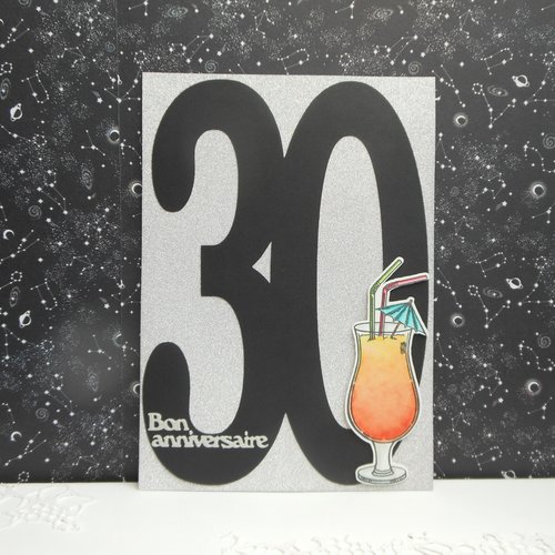 Carte xl 21 x 14,5 anniversaire 30 ans cocktail argent noir fait main