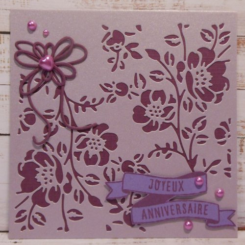 Déstockage carte anniversaire carrée fleurie tons mauve violet fait main