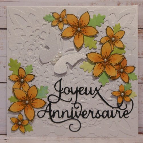 Carte anniversaire carrée blanc dentelle et fleurs orange fait main