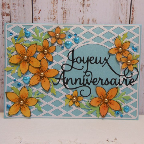 Carte anniversaire blanc ajouré bleu fleurs orange fait main